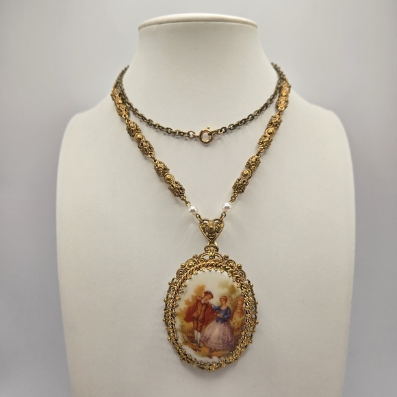 West Germany Jewelry - West Germany Courting Couple Pendant Necklace Pin Brooch Goldtone Vintage Vtg